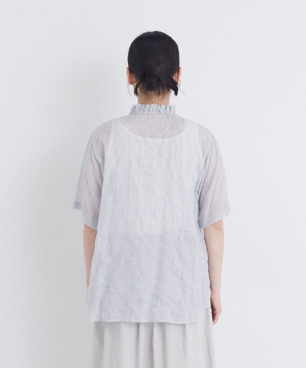 congés payés ADIEU TRISTESSE 【FAVE】シャーリングダブルフリルカラーブラウス ストライプ