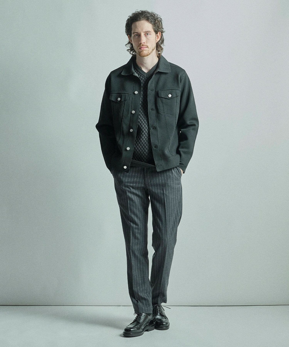 MEN'S BIGI デニムジャケット風ミラノリブニットアウター ブラック