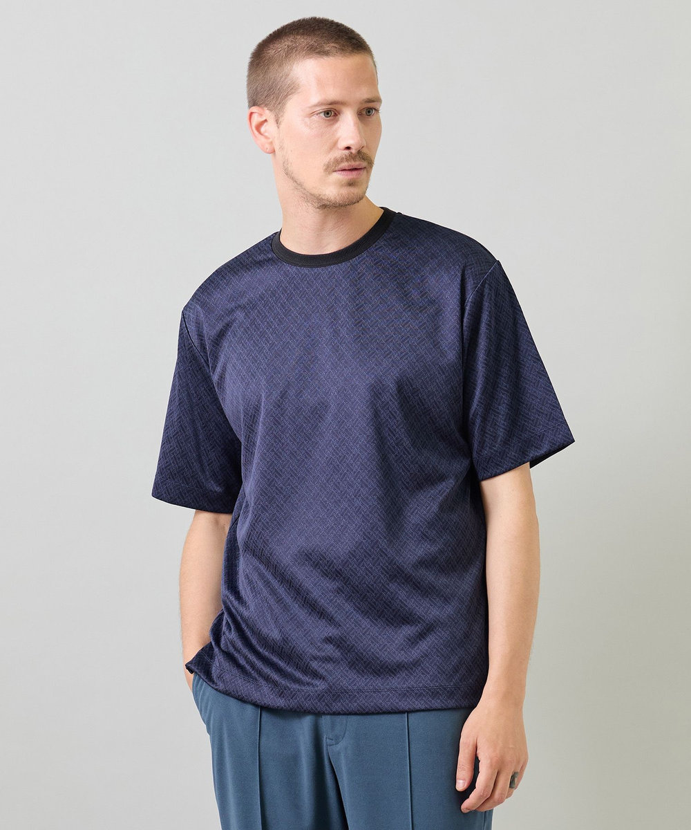 UNION STATION ジオメトリックジャガードTシャツ＜ストレッチ・マシンウォッシャブル＞ ネイビー