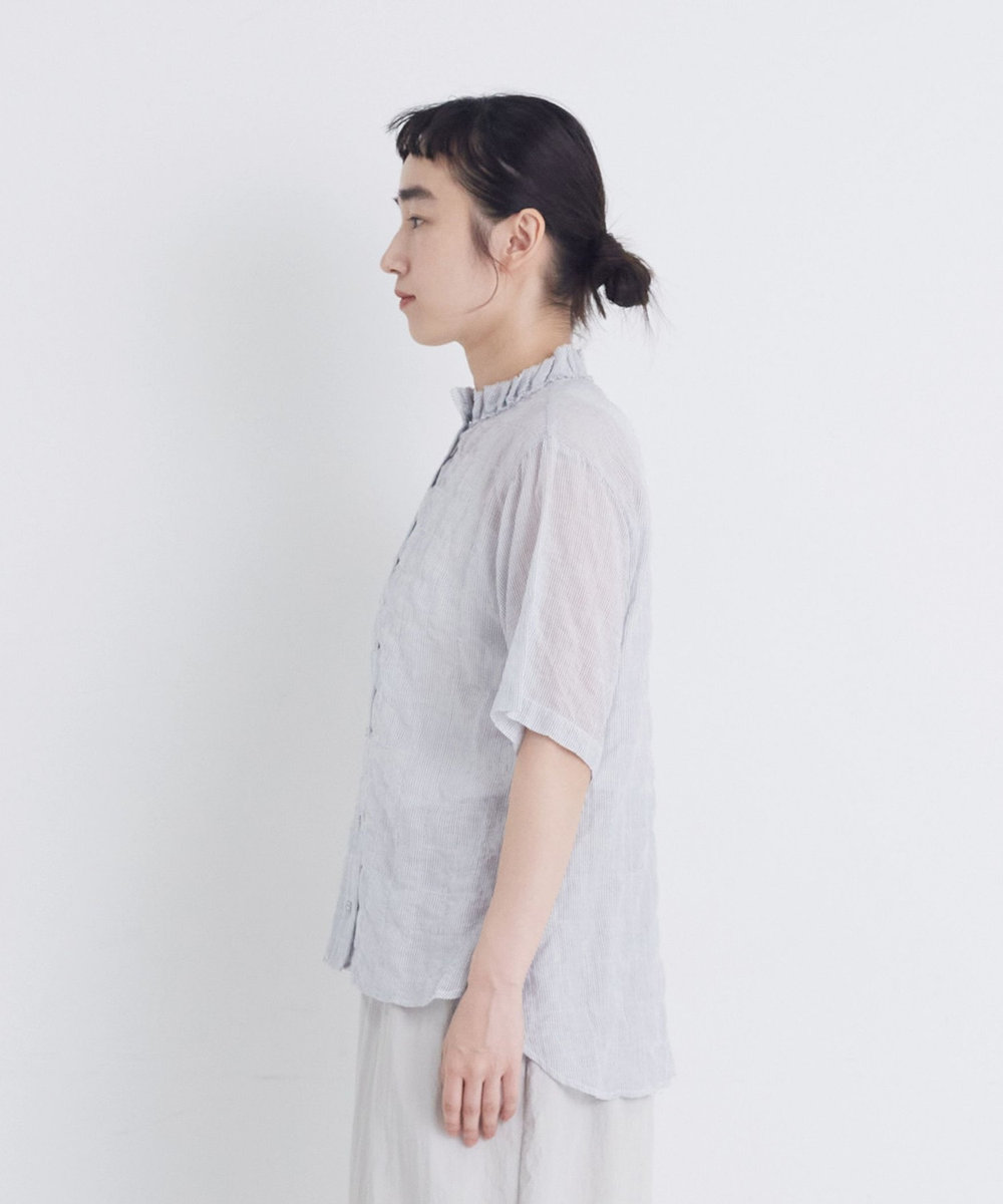 congés payés ADIEU TRISTESSE 【FAVE】シャーリングダブルフリルカラーブラウス ストライプ