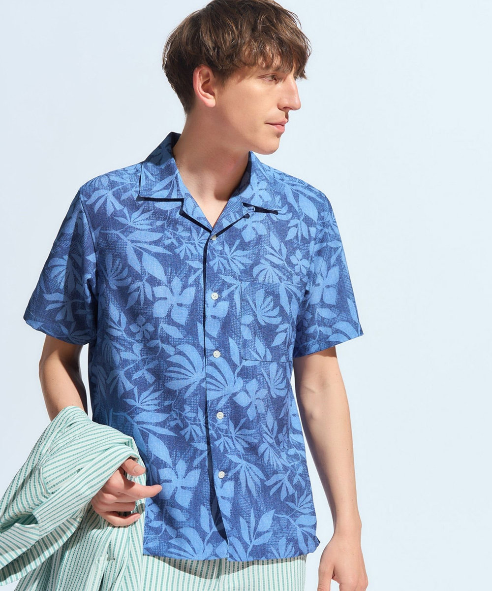 MEN'S BIGI オリジナルボタニカルプリント開襟シャツ ブルー