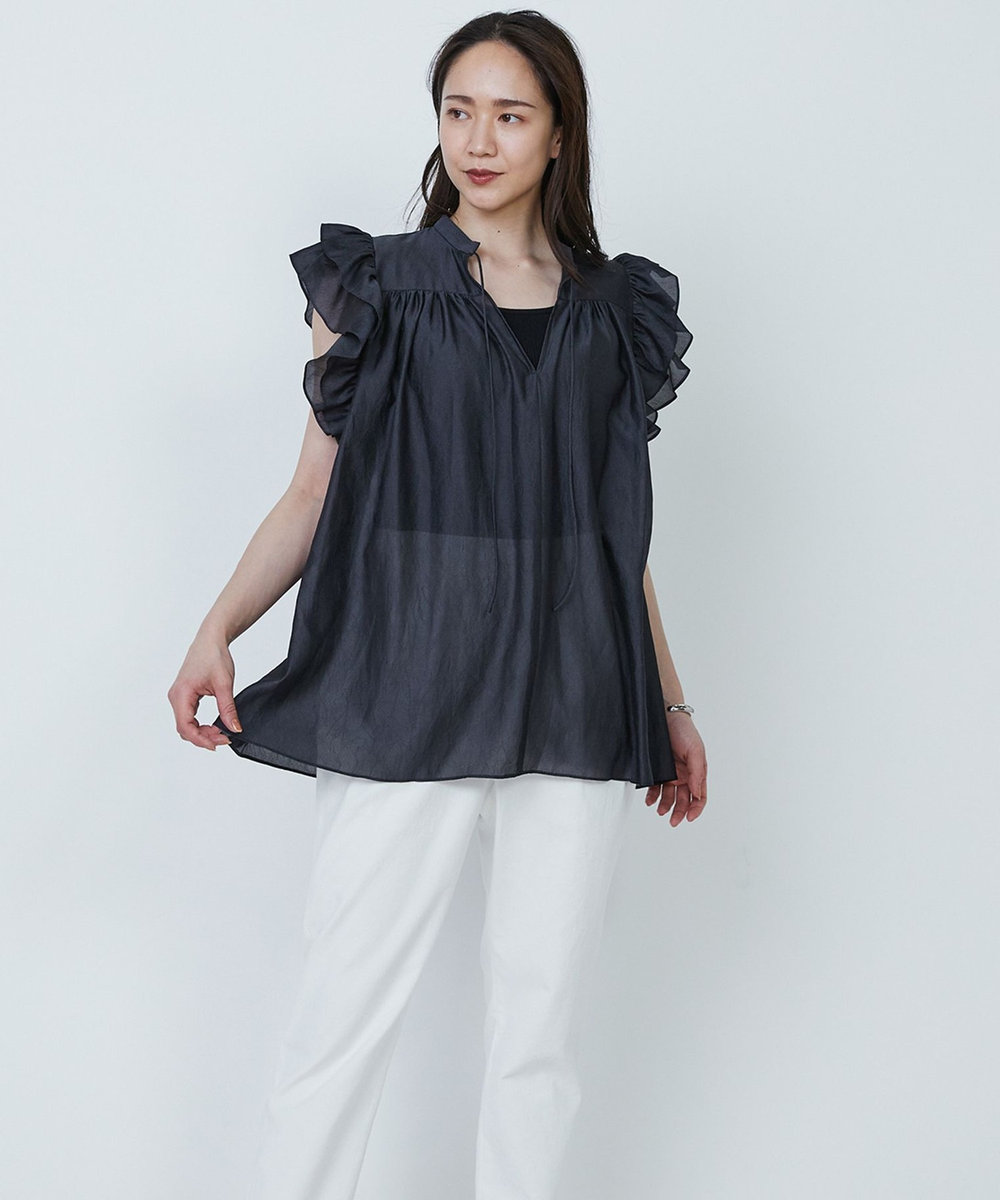 1er Arrondissement 【WEB限定】ワッシャーサテンフリルスリーブブラウス ブラック