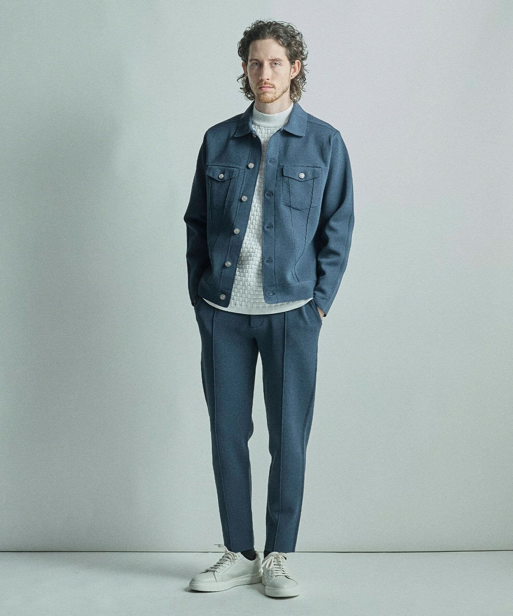 MEN'S BIGI デニムジャケット風ミラノリブニットアウター ネイビー
