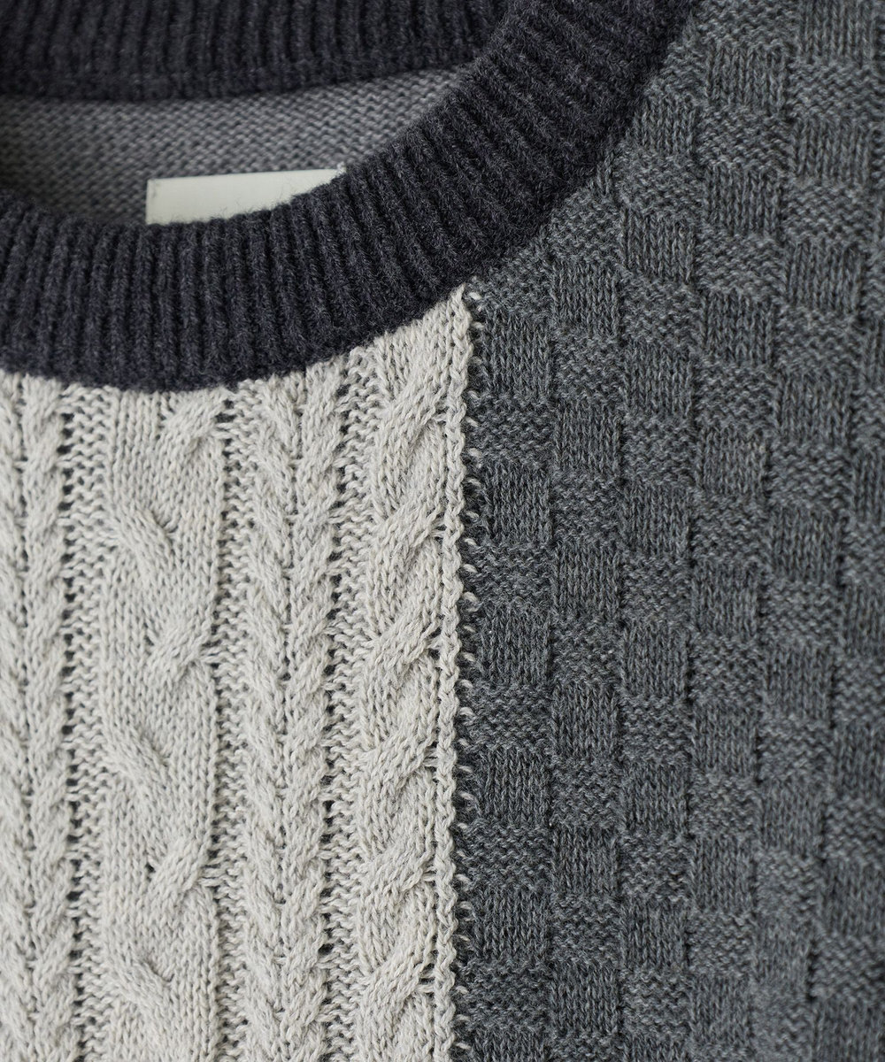 MEN'S BIGI カシミヤ混 パッチワーク風クルーネックニット チャコールグレー