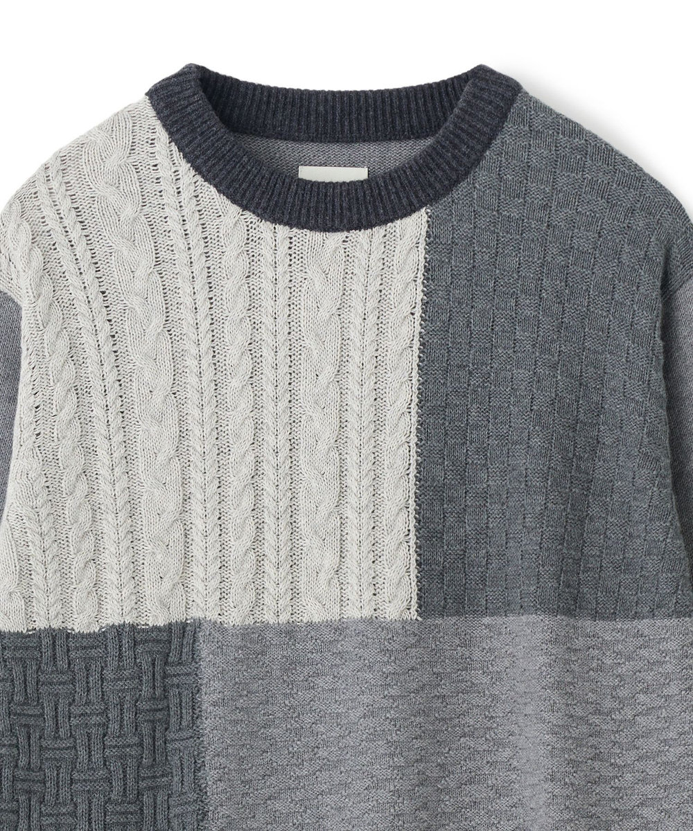 MEN'S BIGI カシミヤ混 パッチワーク風クルーネックニット チャコールグレー