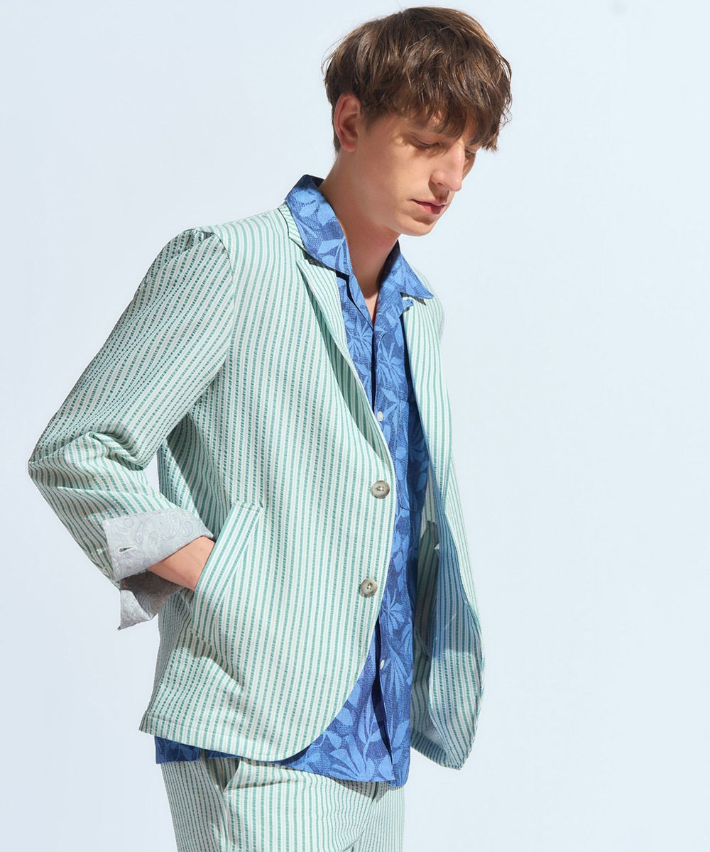 MEN'S BIGI オリジナルボタニカルプリント開襟シャツ ブルー
