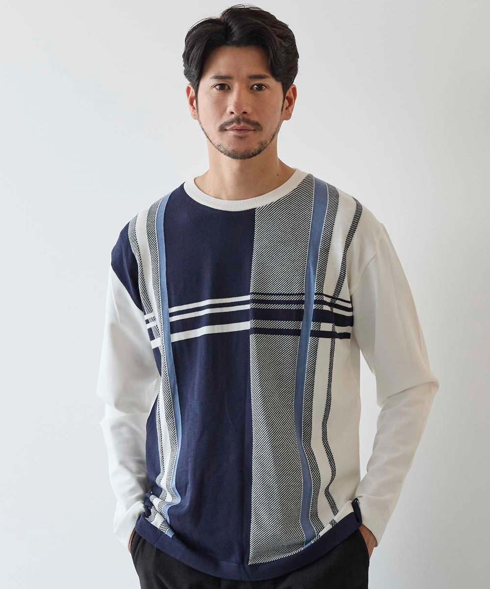 UNION STATION ニット×ポンチ パネル切り替え クルーネックロンT ホワイト系その他