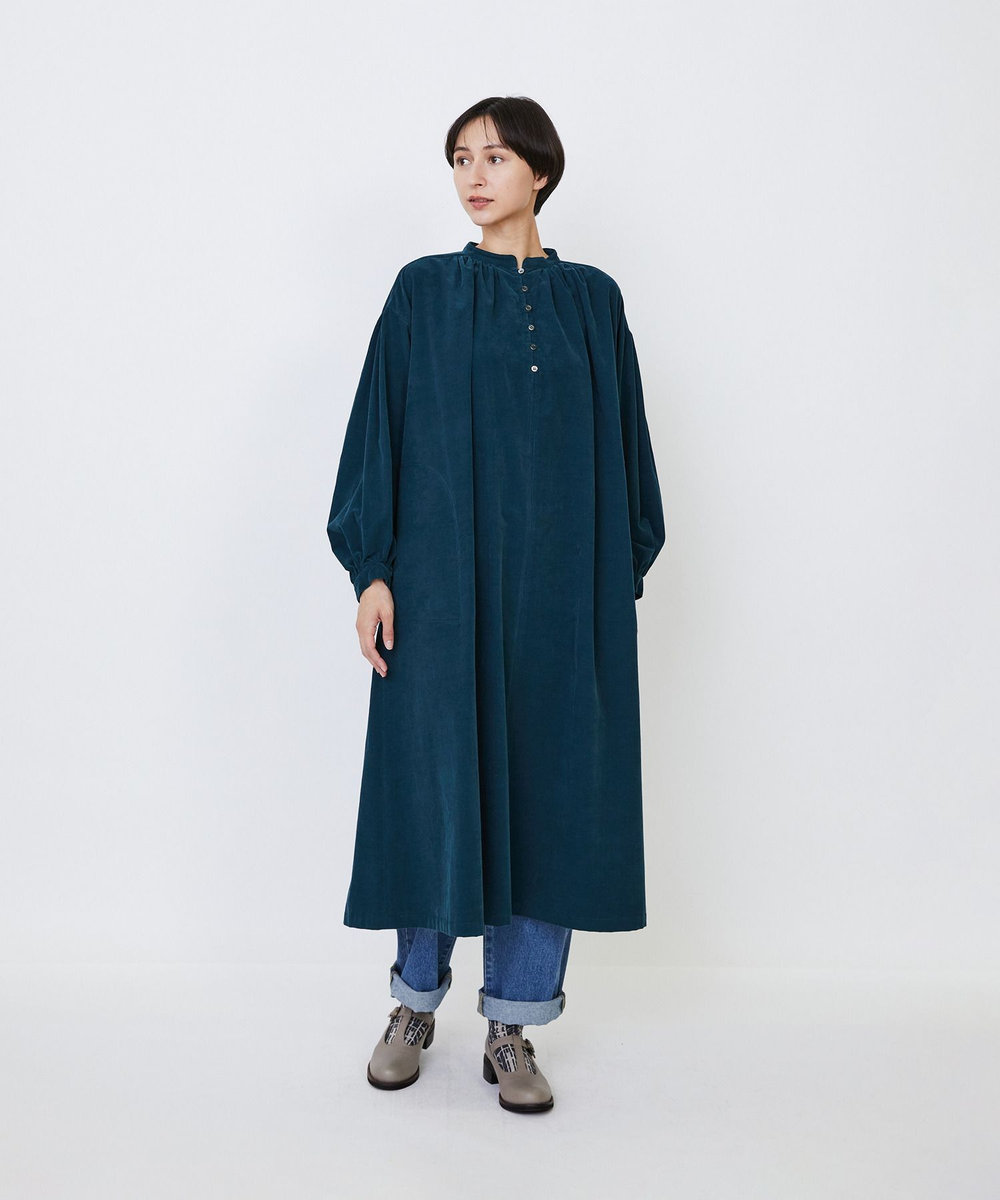 LOISIR 【MTサイズ有り】コットン細コールスモックワンピース グリーン