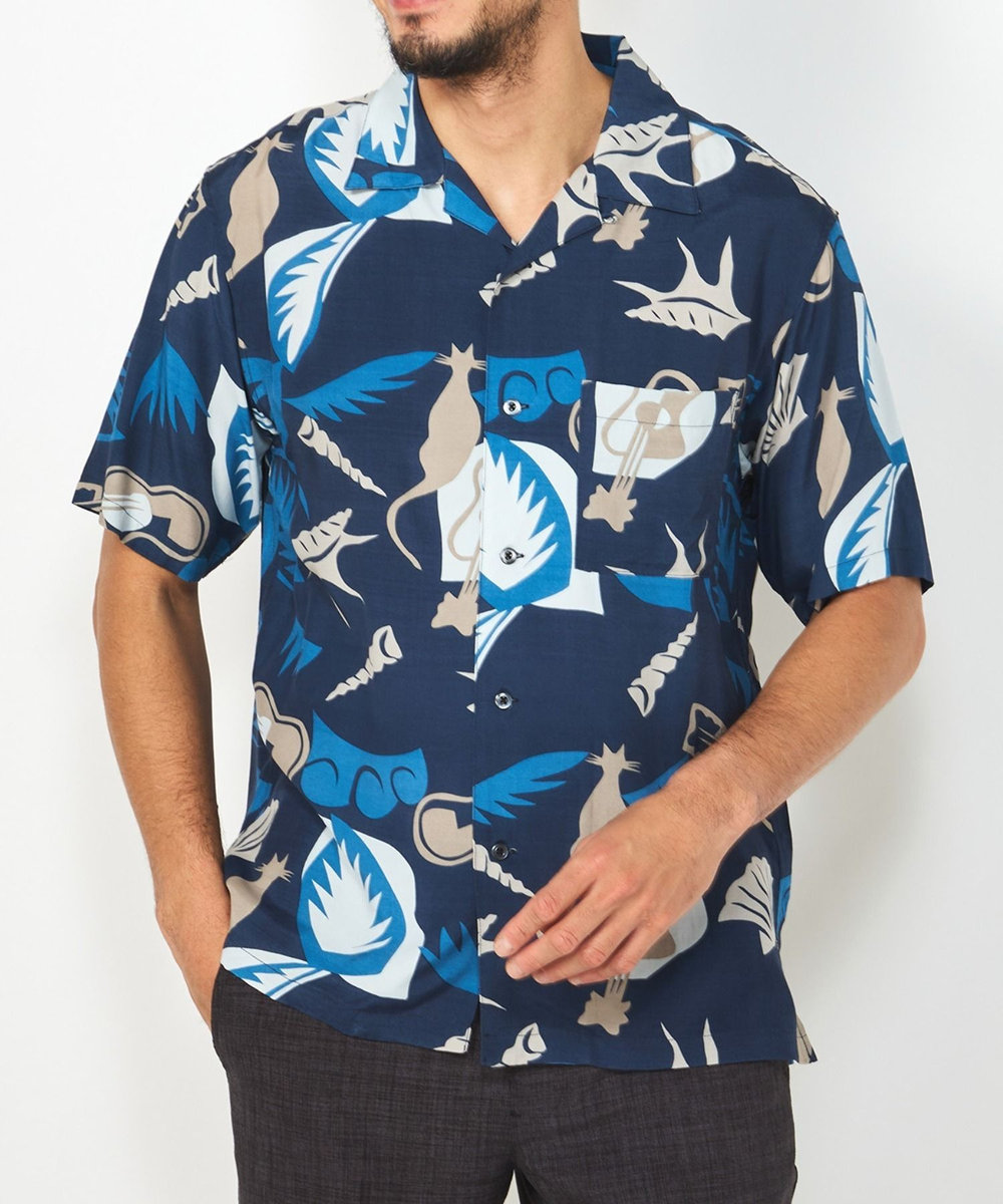 MEN'S BIGI 1992VINTAGE MBプリントオープンカラー半袖シャツ ネイビー