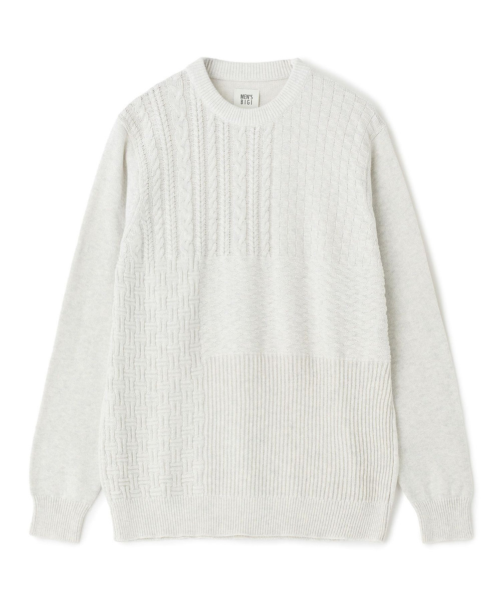 MEN'S BIGI カシミヤ混 パッチワーク風クルーネックニット オフホワイト