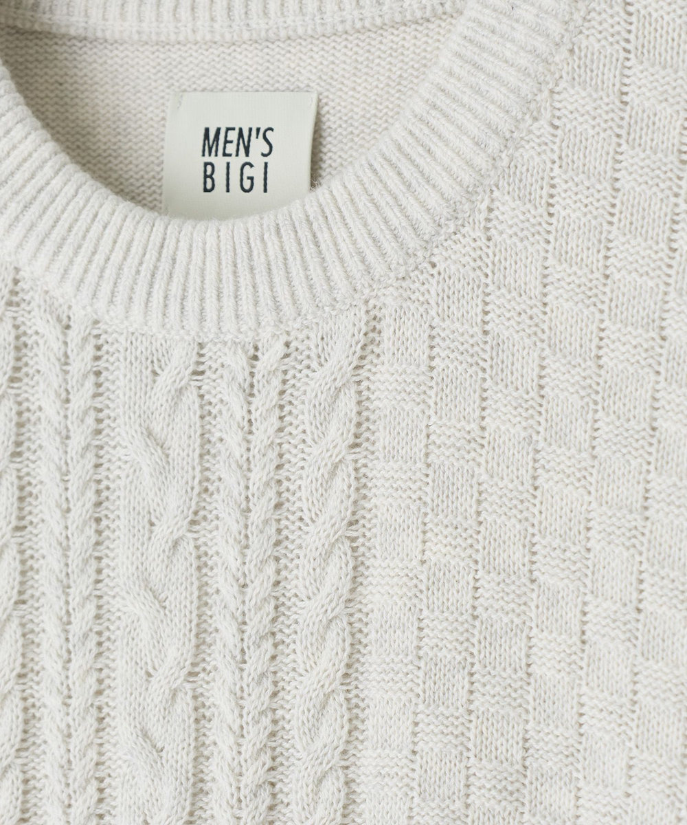 MEN'S BIGI カシミヤ混 パッチワーク風クルーネックニット オフホワイト