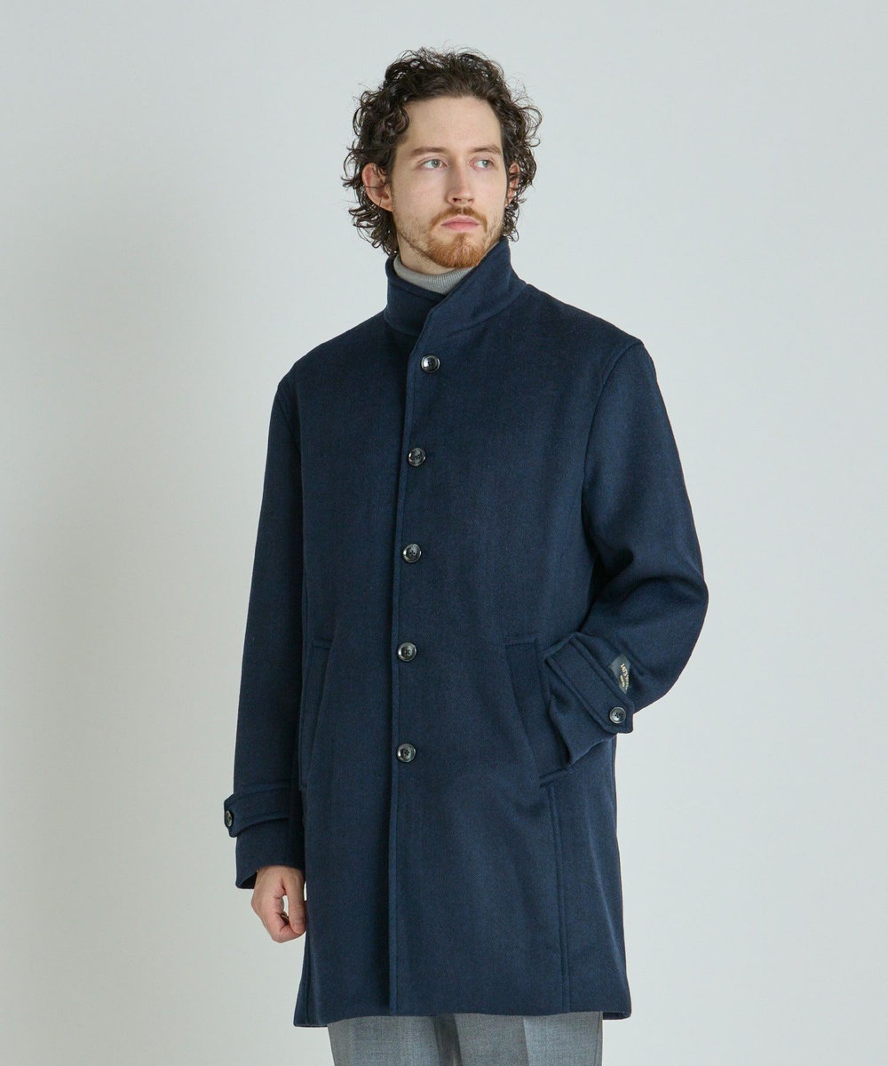 MEN'S BIGI Super140ウールヘリンボーンビーバー スタンドカラーコート ネイビー