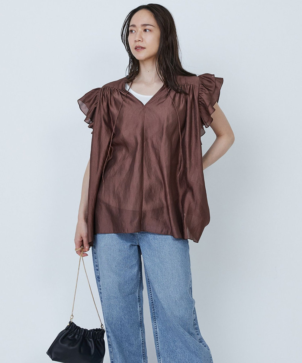 1er Arrondissement 【WEB限定】ワッシャーサテンフリルスリーブブラウス ブラウン