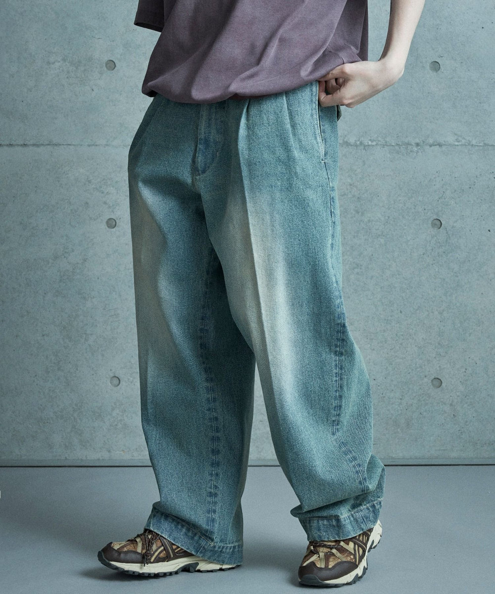 MEN'S BIGI セミワイドデニムタックパンツ ブルー