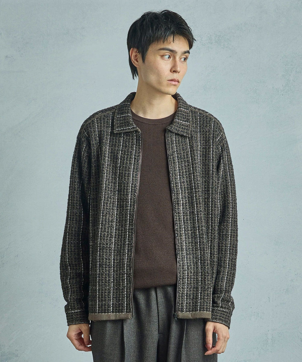 MEN'S BIGI ツイードチェック ニットブルゾン ブラウン