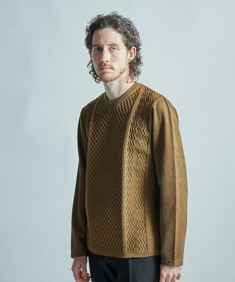 MEN'S BIGI ニットコンビ フェイクスエード長袖Tシャツ マスタード
