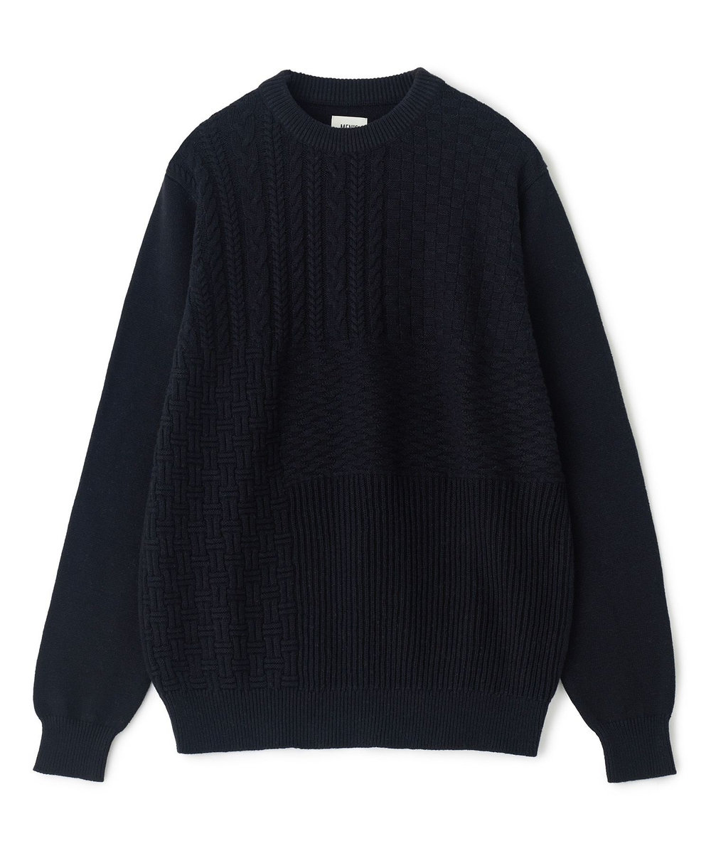 MEN'S BIGI カシミヤ混 パッチワーク風クルーネックニット ブラック