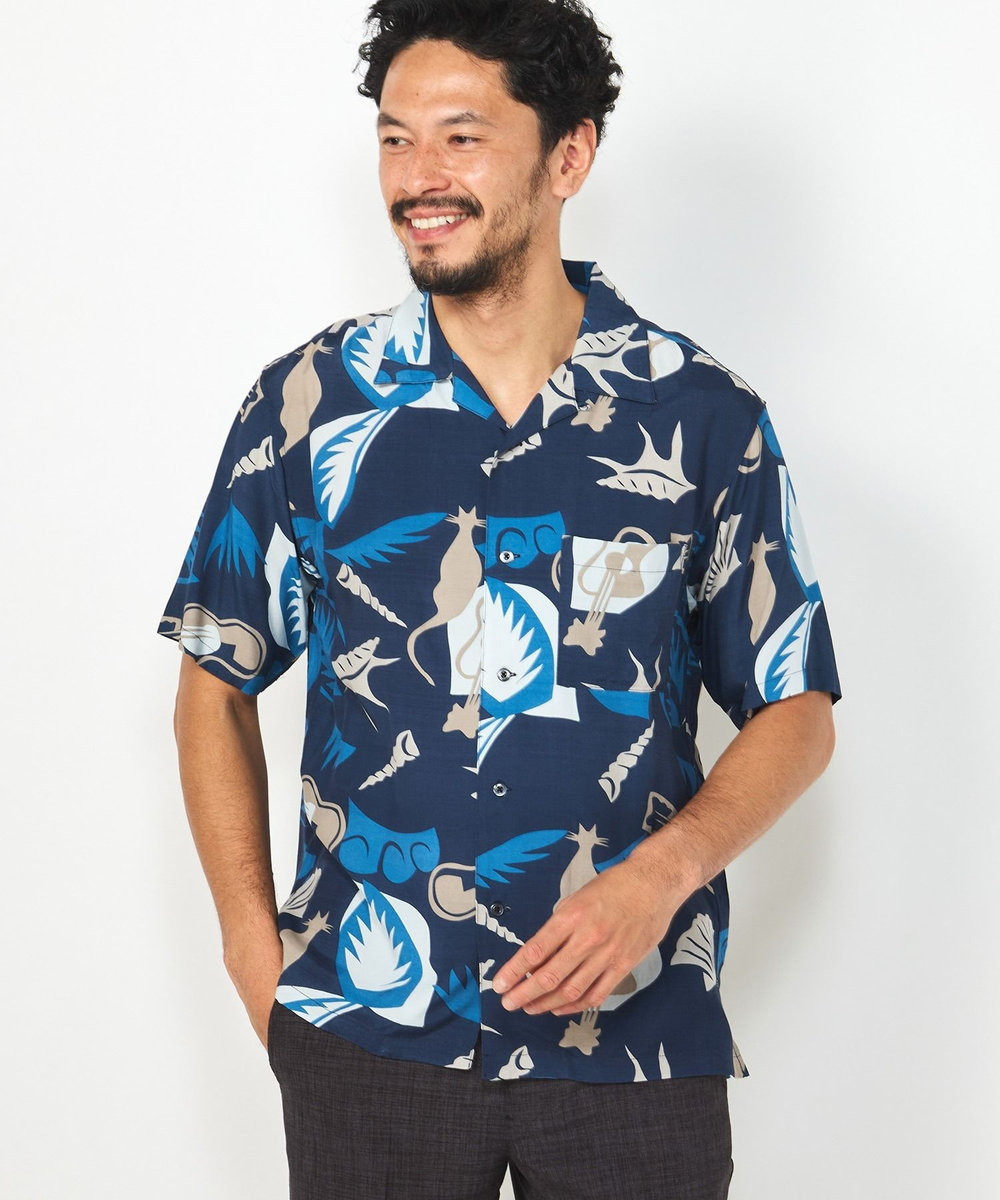 MEN'S BIGI 1992VINTAGE MBプリントオープンカラー半袖シャツ ネイビー