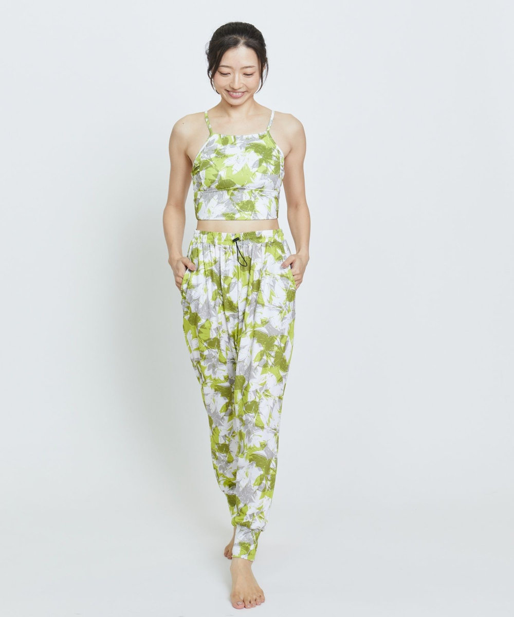 Julier ribbon flowerプリントショートトップス/パット付き・水着・水陸両用・UVカット・吸汗速乾・ホットヨガ対応・耐塩素 グリーン