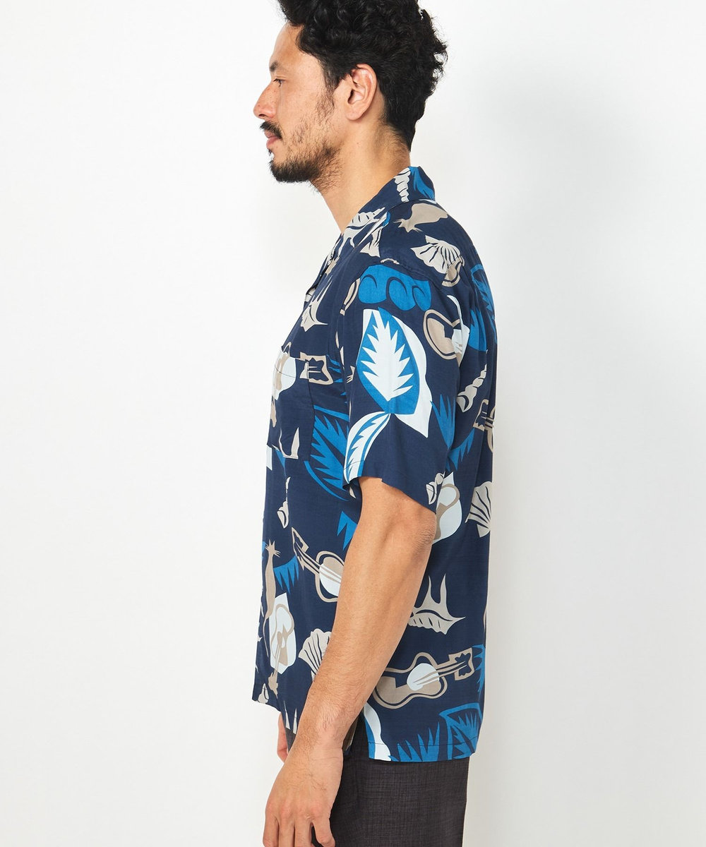 MEN'S BIGI 1992VINTAGE MBプリントオープンカラー半袖シャツ ネイビー