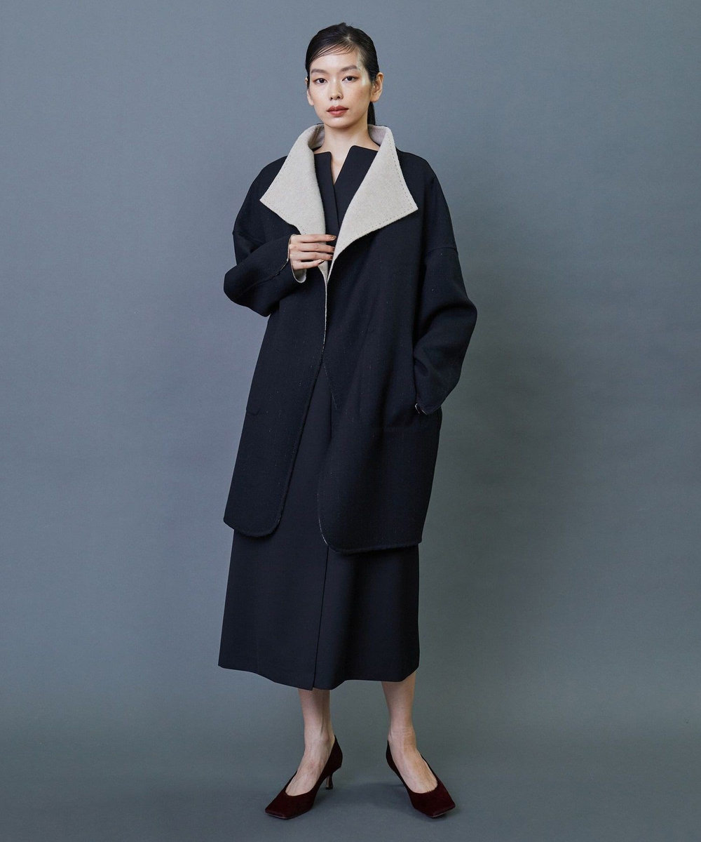 L'EQUIPE COUTURIER ダブルフェイスラメストライプコート ブラック
