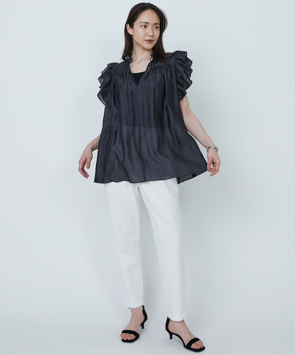 1er Arrondissement 【WEB限定】ワッシャーサテンフリルスリーブブラウス ブラック