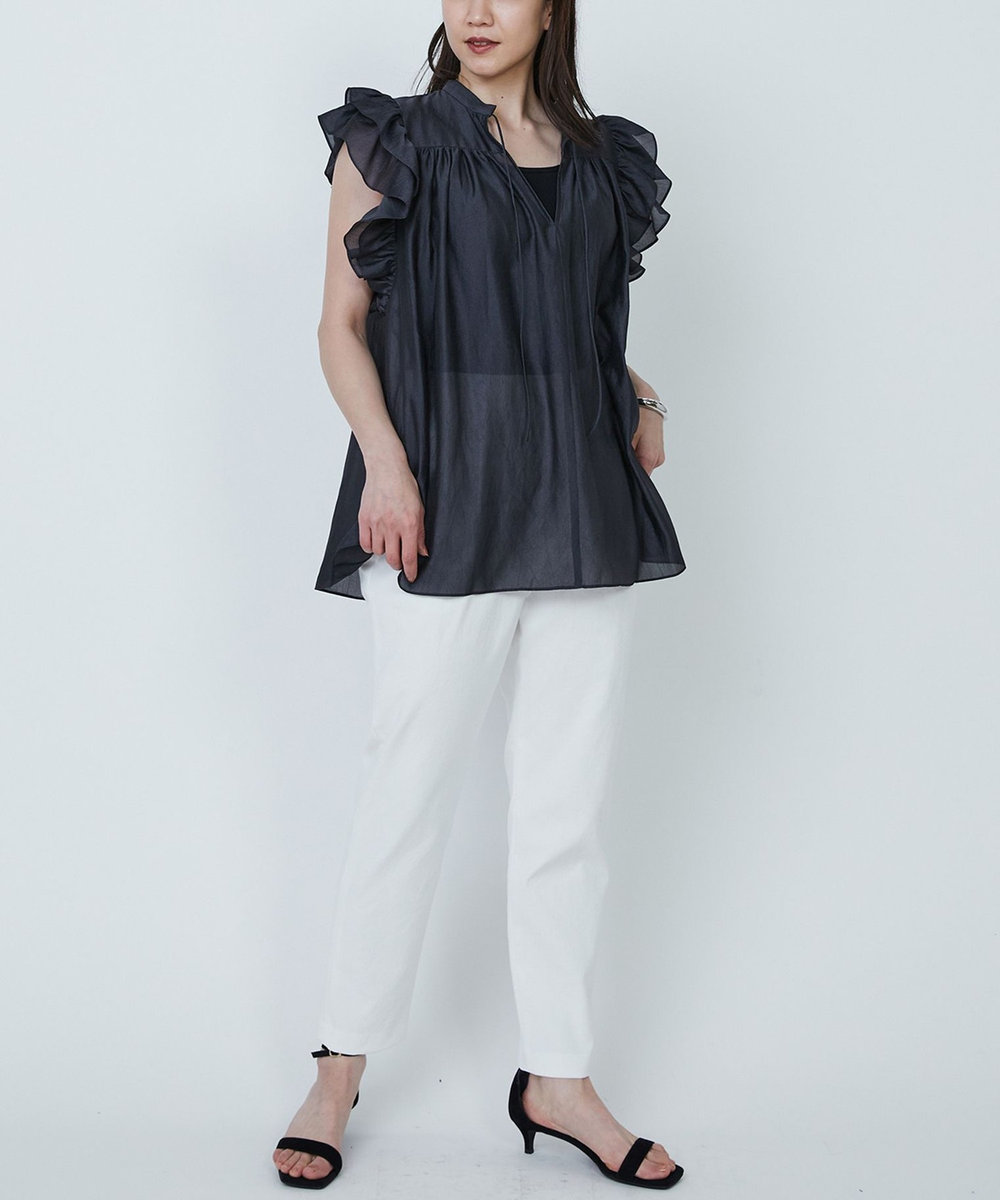 1er Arrondissement 【WEB限定】ワッシャーサテンフリルスリーブブラウス ブラック