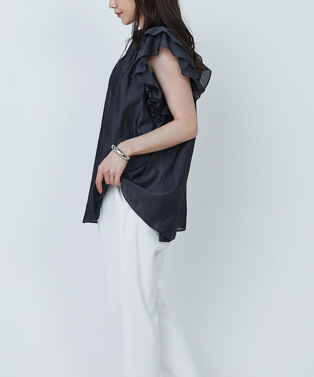 1er Arrondissement 【WEB限定】ワッシャーサテンフリルスリーブブラウス ブラック