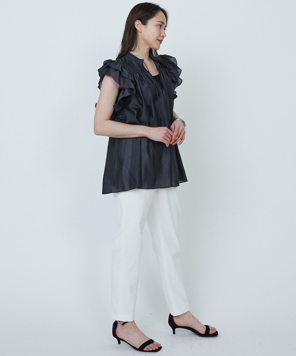 1er Arrondissement 【WEB限定】ワッシャーサテンフリルスリーブブラウス ブラック