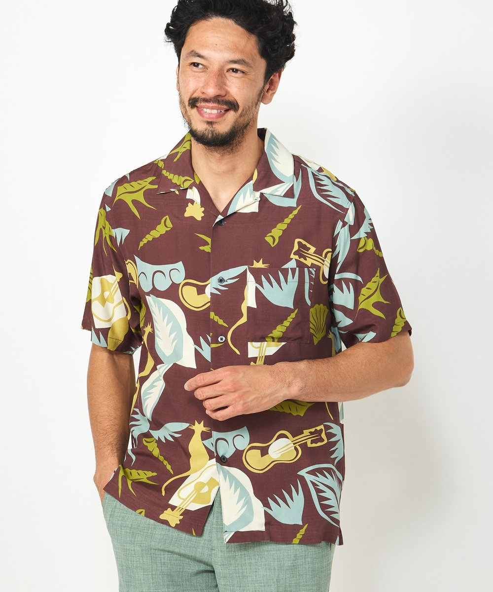 MEN'S BIGI 1992VINTAGE MBプリントオープンカラー半袖シャツ ブラウン