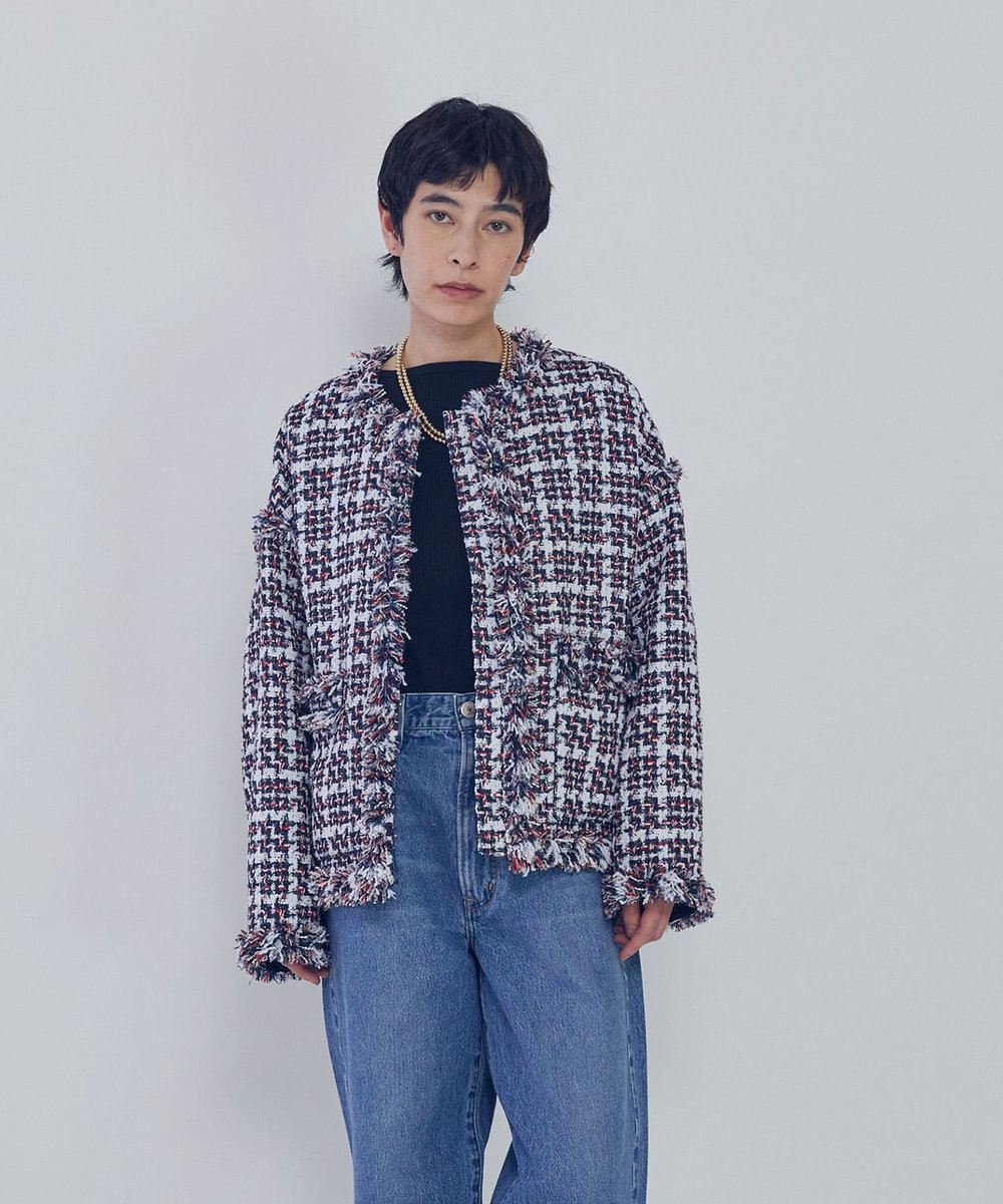 1er Arrondissement TORNIERフリンジツイードジャケット ネイビー