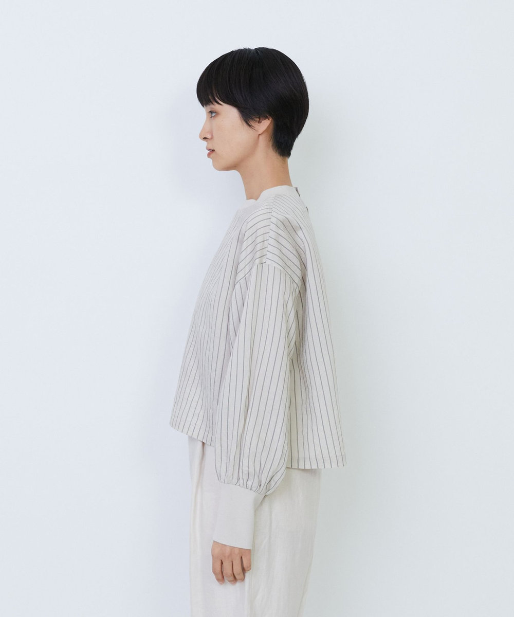 LOISIR リブ使いショートブラウス ストライプ