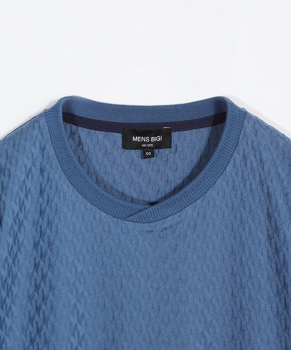 MEN'S BIGI シルケット加工 変形千鳥柄リンクスTEE ブルー