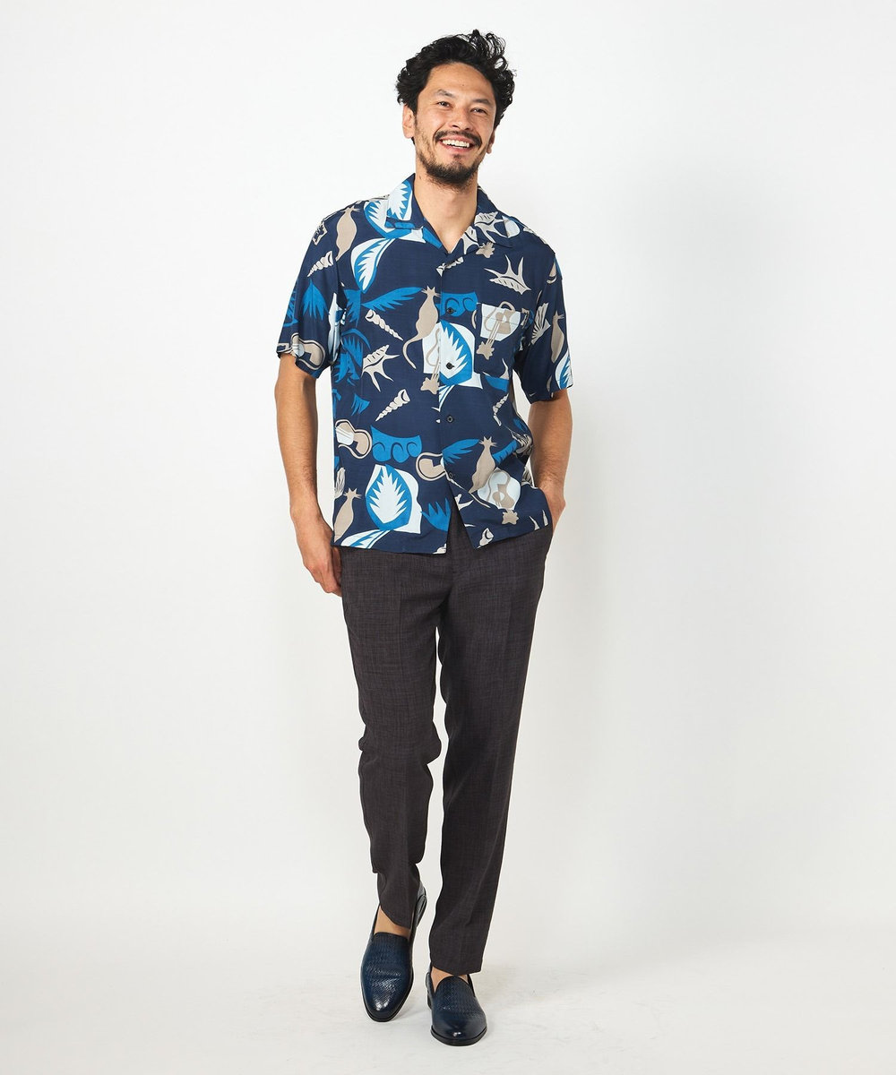 MEN'S BIGI 1992VINTAGE MBプリントオープンカラー半袖シャツ ネイビー