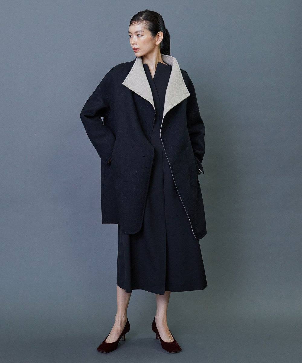 L'EQUIPE COUTURIER ダブルフェイスラメストライプコート ブラック