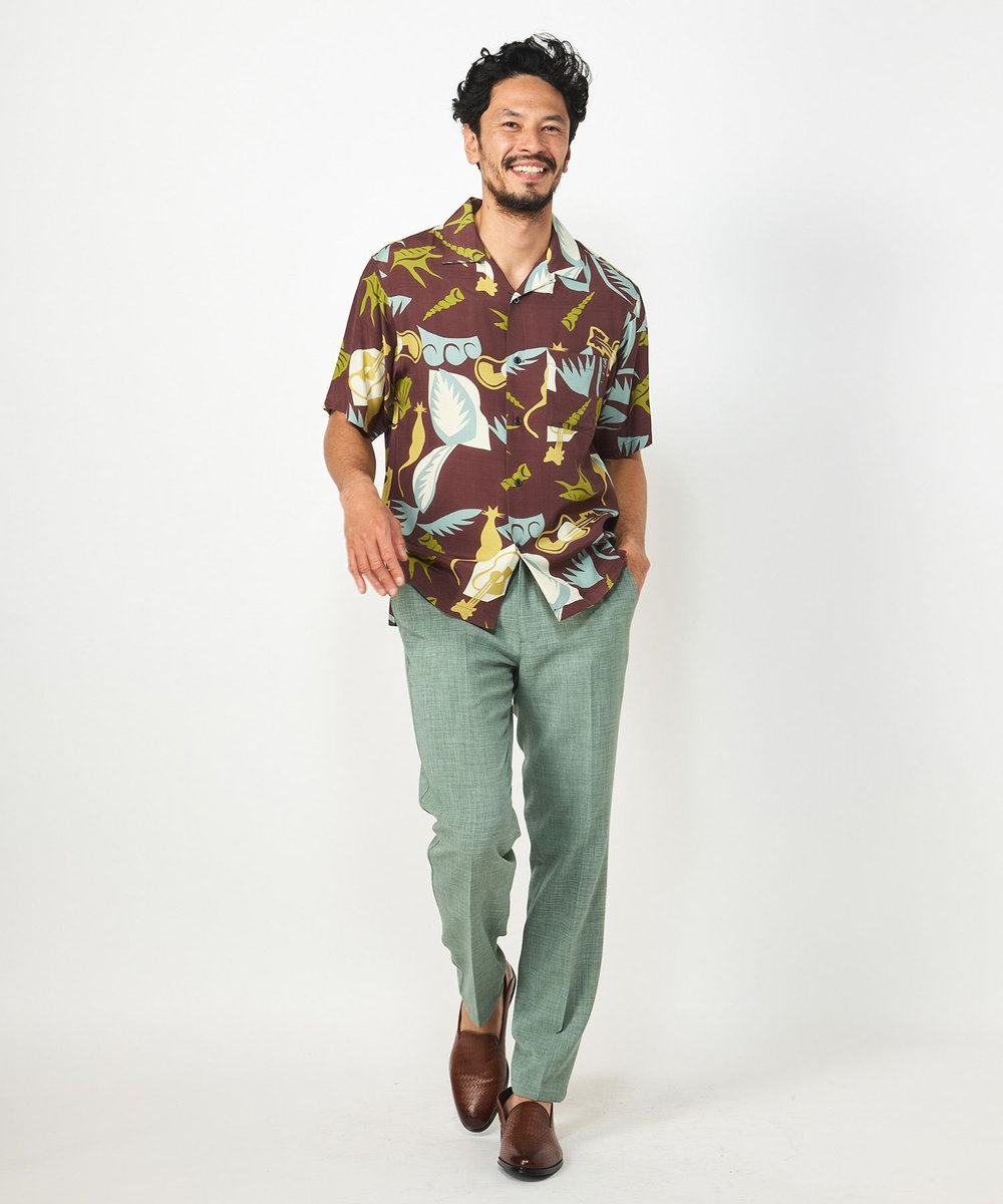 MEN'S BIGI 1992VINTAGE MBプリントオープンカラー半袖シャツ ブラウン