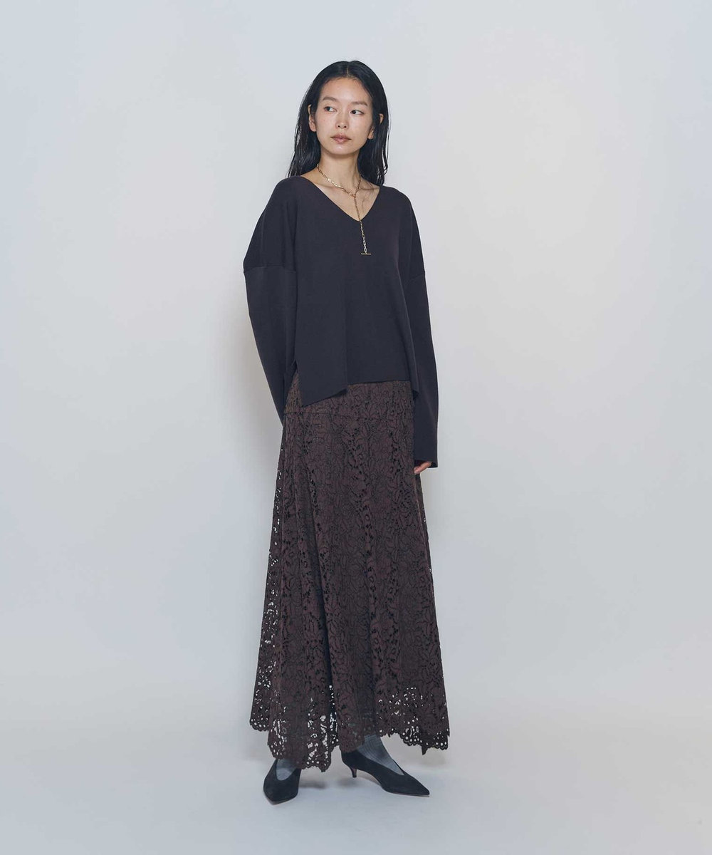 1er Arrondissement フラワーラッセルレースフレアスカート ブラウン