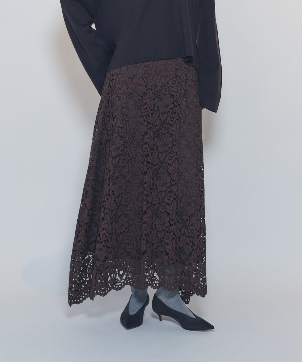 1er Arrondissement フラワーラッセルレースフレアスカート ブラウン
