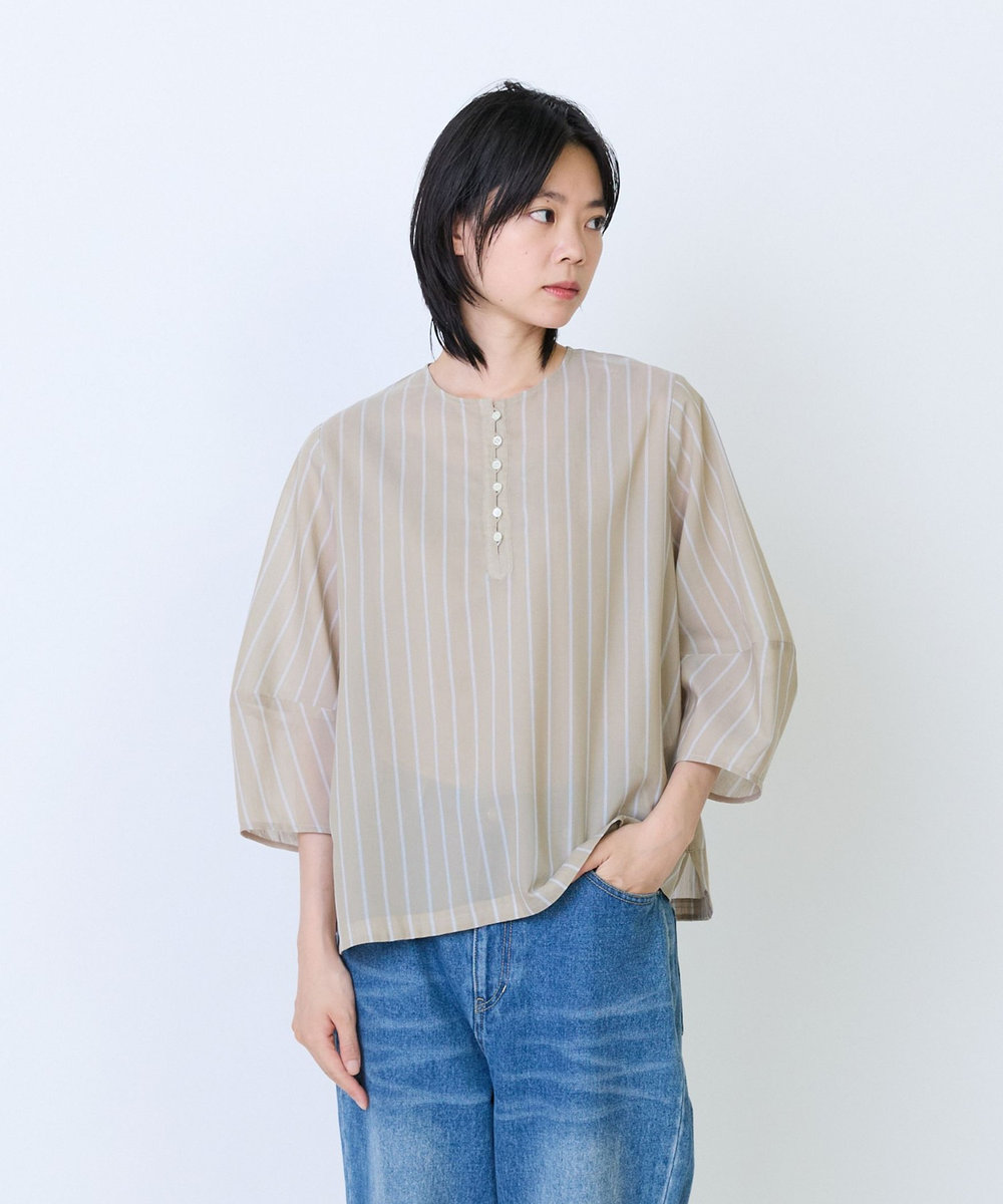 LOISIR エステルコットンストライプボトルスリーブブラウス ベージュ系その他