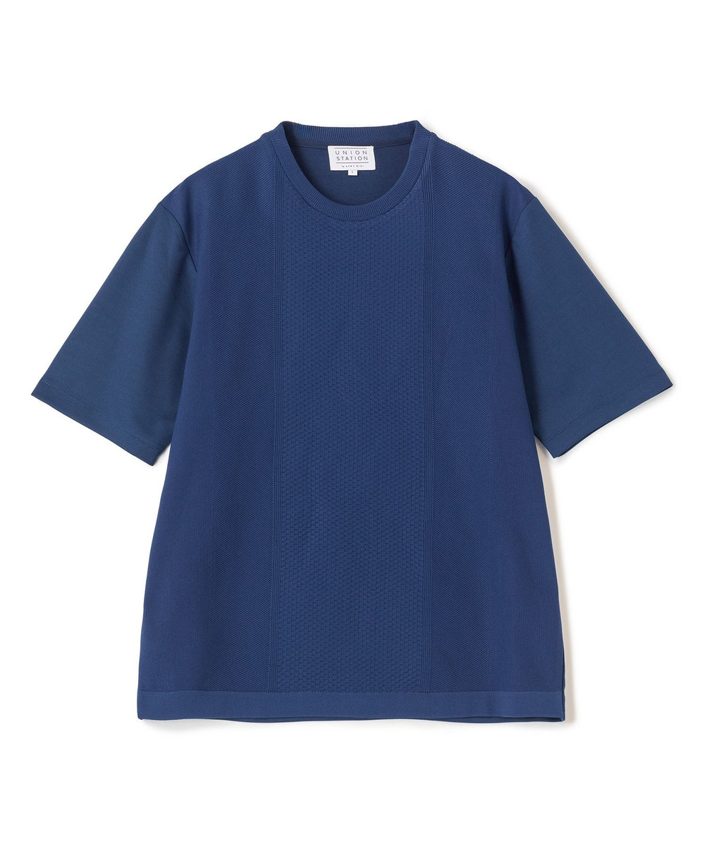 UNION STATION ニット×ポンチコンビハーフスリーブTシャツ＜ストレッチ・マシンウォッシャブル＞ ブルー