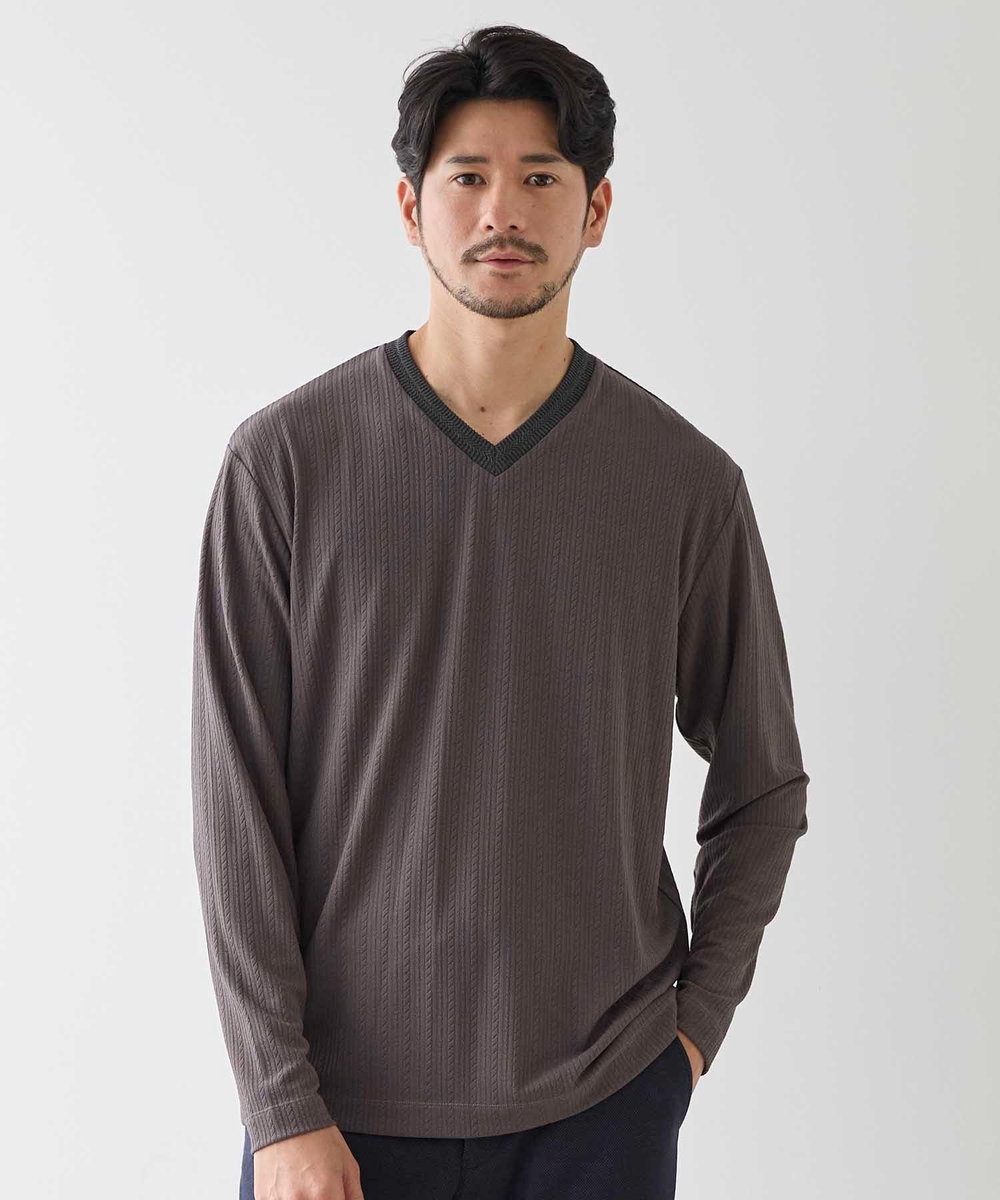 UNION STATION リンクスジャガード　リブニットソーTシャツ チャコールグレー