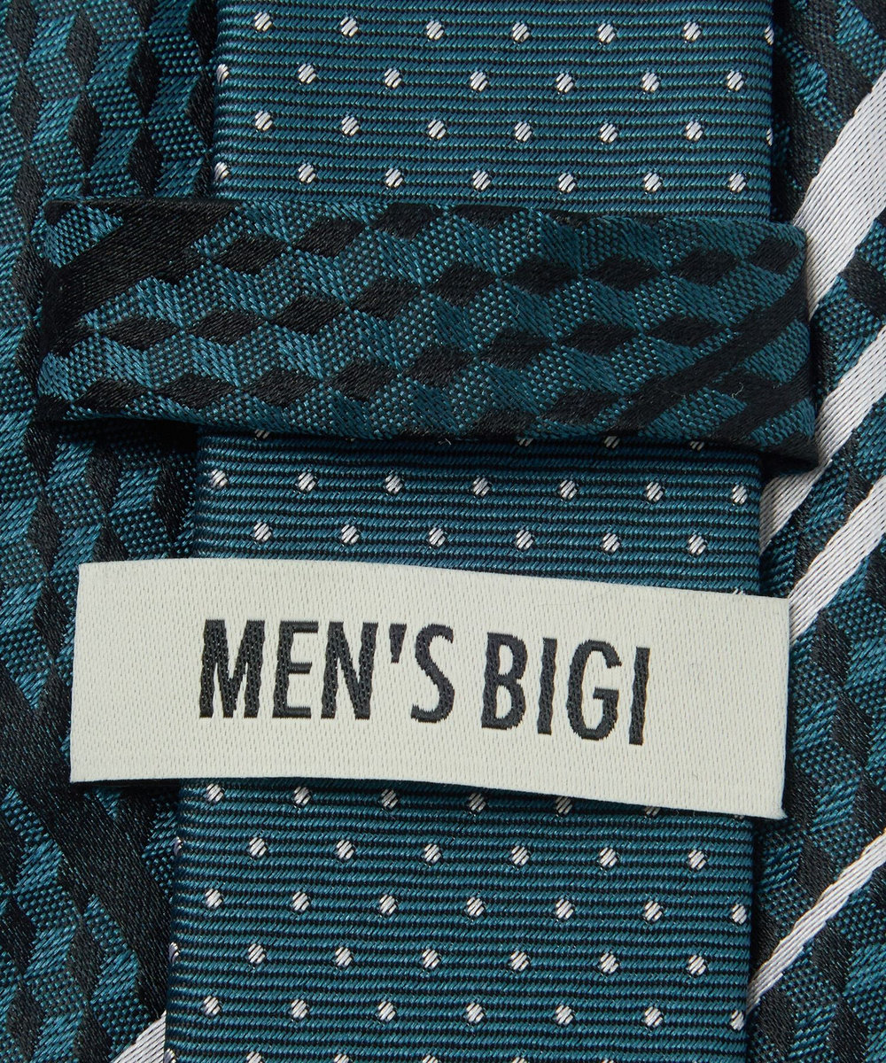 MEN'S BIGI チェックxドット柄シルクネクタイ ターコイズブルー