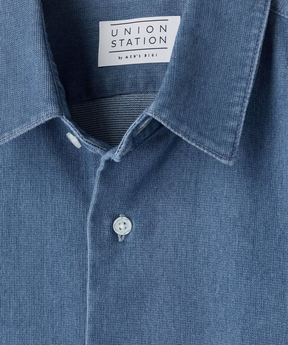 UNION STATION メッシュデニムハーフスリーブシャツ＜ストレッチ・ハンドウォッシャブル・通気性＞ ライトブルー