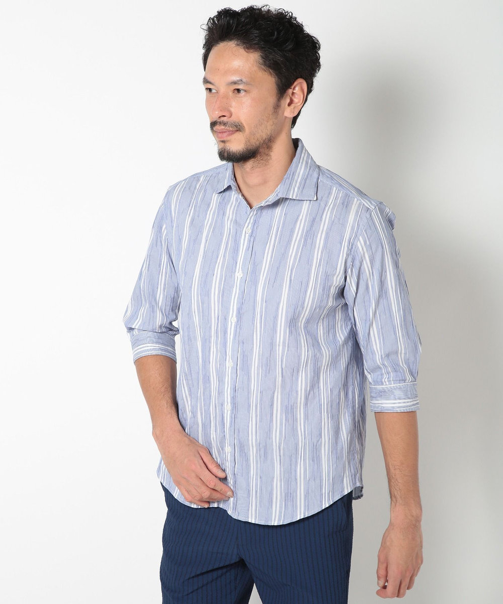 MEN'S BIGI 変形タックサッカーストライプ7分シャツ ブルー