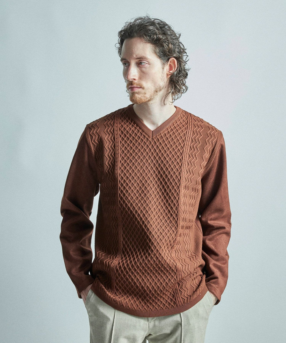 MEN'S BIGI ニットコンビ フェイクスエード長袖Tシャツ ブラウン