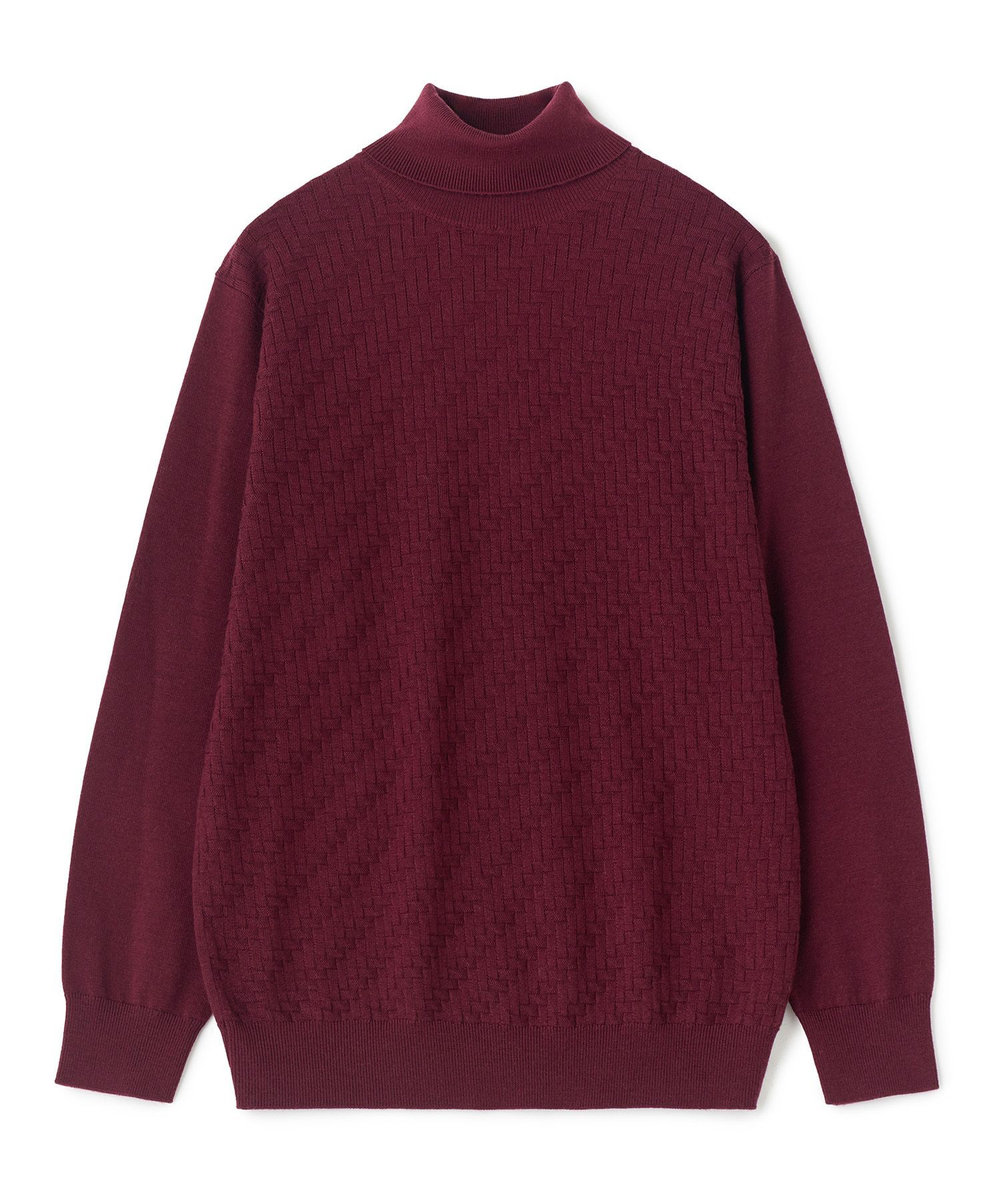 MEN'S BIGI 12Gメリノウール 幾何学柄タートルネックニット ボルドー