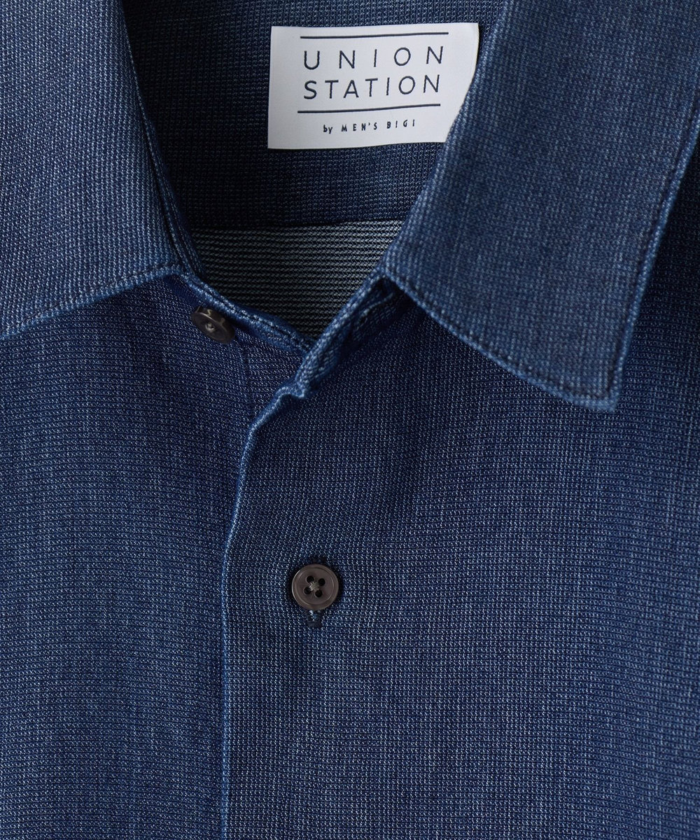 UNION STATION メッシュデニムハーフスリーブシャツ＜ストレッチ・ハンドウォッシャブル・通気性＞ ブルー