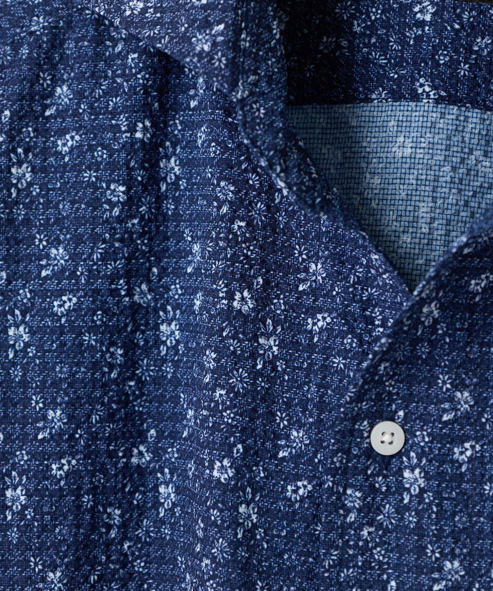 MEN'S BIGI 千鳥格子xフラワープリント七分袖シャツ＜吸水速乾、ストレッチ＞ ネイビー