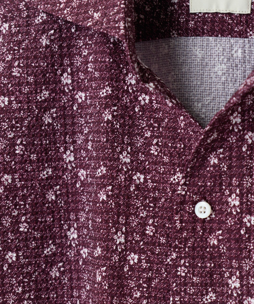 MEN'S BIGI 千鳥格子xフラワープリント七分袖シャツ＜吸水速乾、ストレッチ＞ ワイン