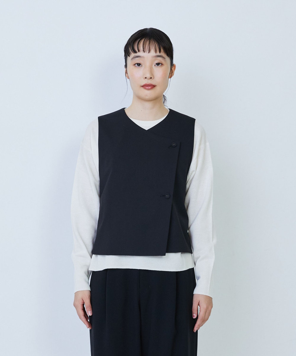 LOISIR ウール混ギャバデザインベスト ブラック